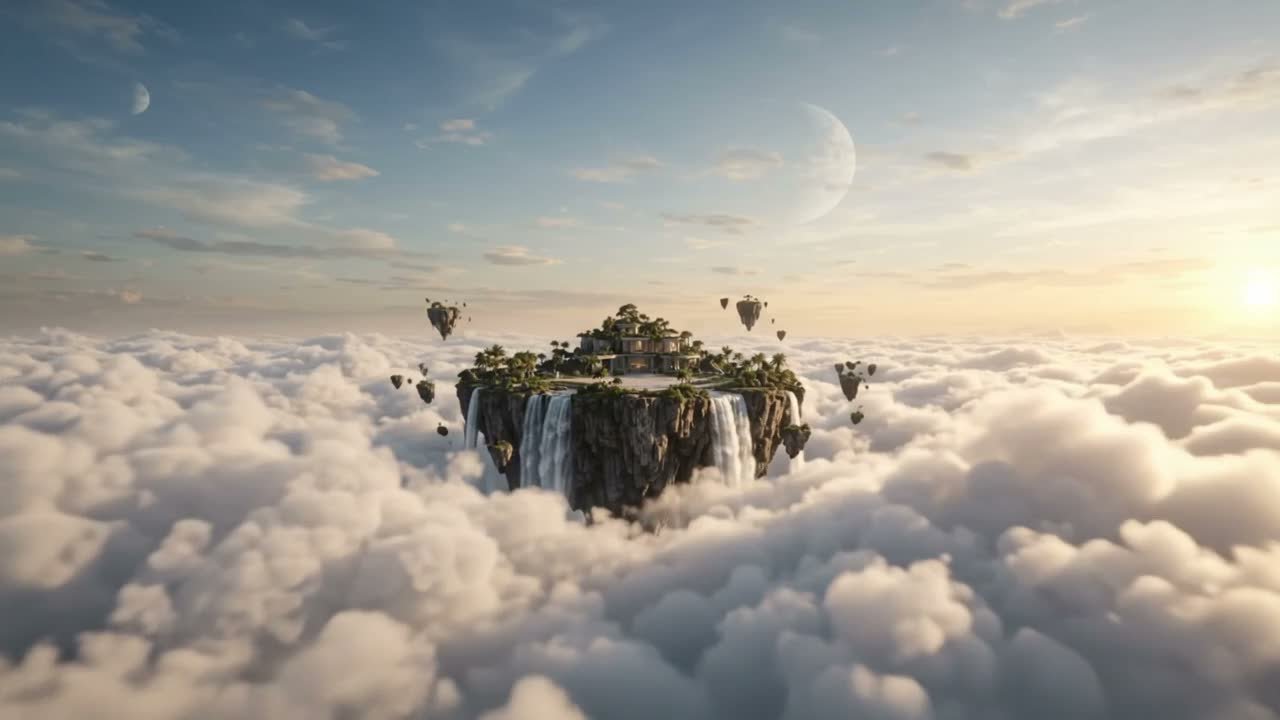 A visual sequence showing an architectural home taking shape above the clouds.